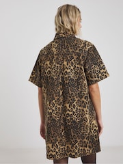 Simply Be Brown Leopard Print Boxy Short Denim Dress - Image 2 of 4