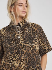Simply Be Brown Leopard Print Boxy Short Denim Dress - Image 4 of 4