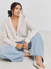 Simply Be White Pointelle Fluffy Scallop Edge Reversible Cardigan - Image 1 of 4