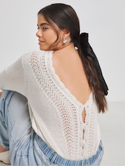 Simply Be White Pointelle Fluffy Scallop Edge Reversible Cardigan - Image 2 of 4