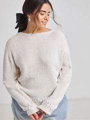Simply Be White Pointelle Fluffy Scallop Edge Reversible Cardigan - Image 3 of 4