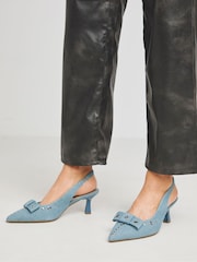 Simply Be Denim Blue Eyelet Detail Slingback Court Shoes In Wide Fit - Image 1 of 4