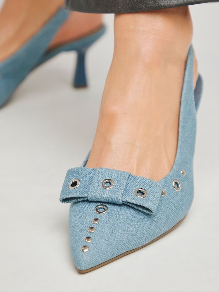 Simply Be Denim Blue Eyelet Detail Slingback Court Shoes In Wide Fit - Image 3 of 4