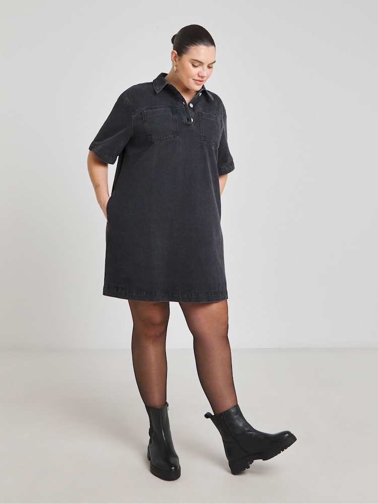 Simply Be Black Boxy Short Denim Dress - Image 1 of 4 Simply Be Black Boxy Short Denim Dress - Image 1 of 4