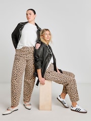 Simply Be Brown Leopard Print Denim Barrel Leg Jeans - Image 1 of 4