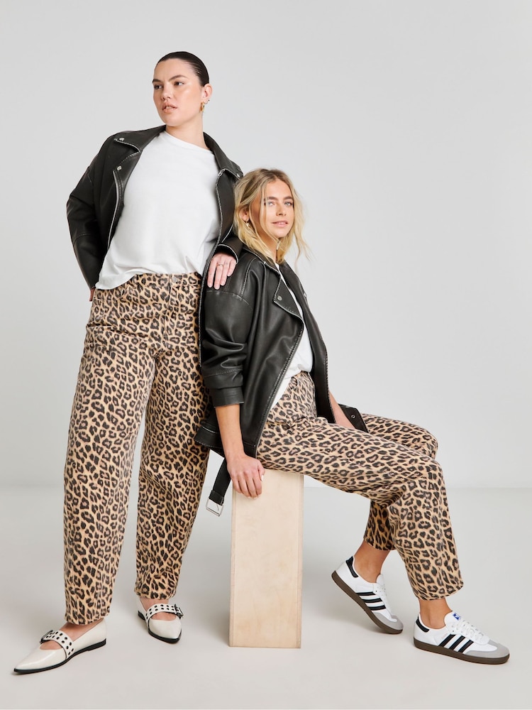 Simply Be Brown Leopard Print Denim Barrel Leg Jeans - Image 1 of 4