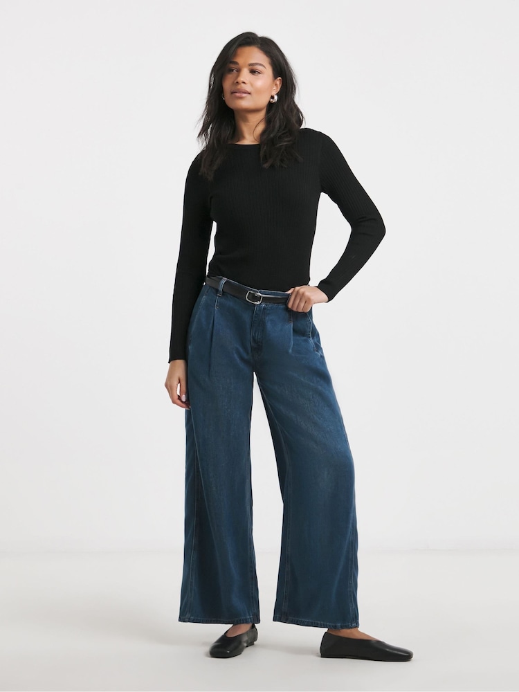 Simply Be Blue Draped Wide Leg Jeans With Tencel TM Lyocell - Image 1 of 5