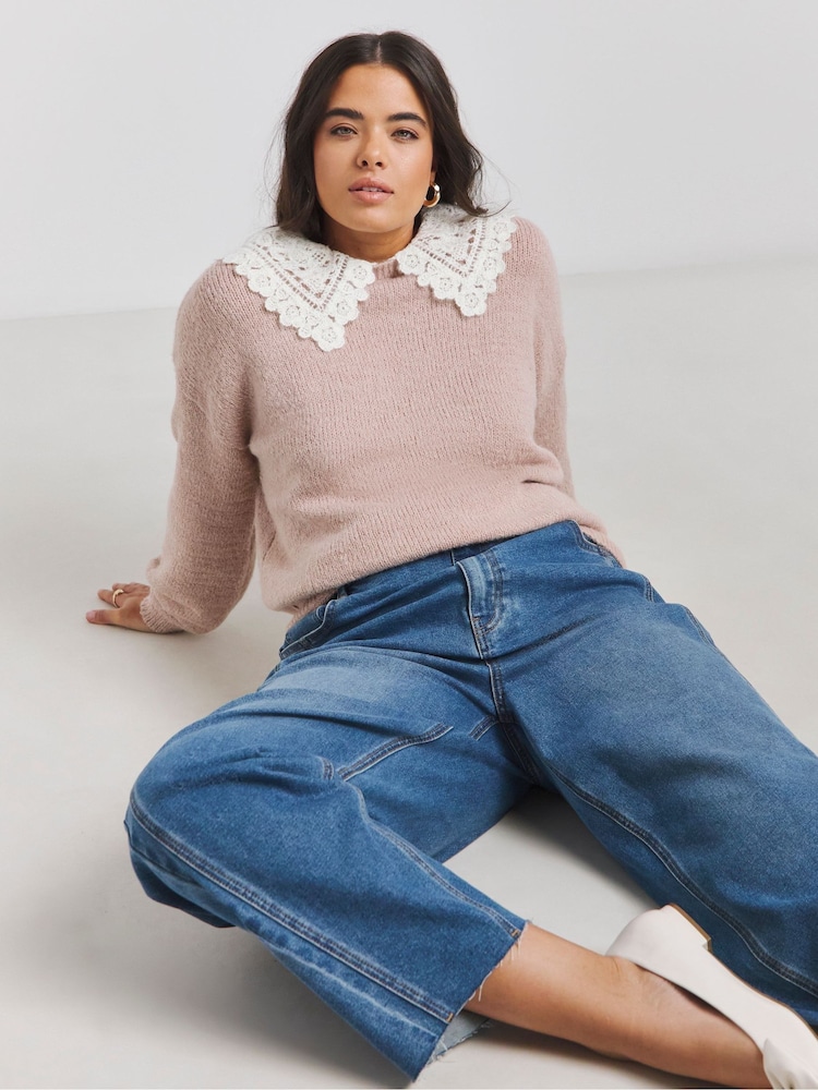 Simply Be Blush Pink Crochet Collar Detail Jumper - Image 1 of 4