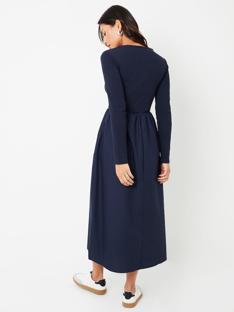 Threadbare Blue Ribbed Jersey 2-in-1 Midi Dress with Poplin Skirt - Image 2 of 4