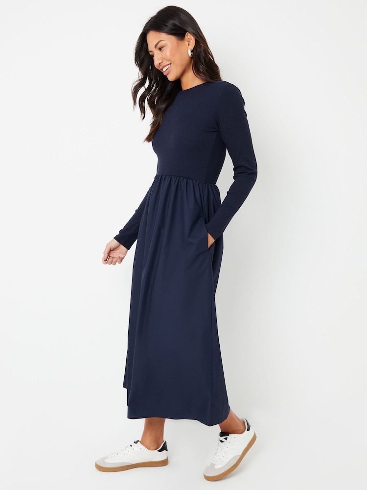 Threadbare Blue Ribbed Jersey 2-in-1 Midi Dress with Poplin Skirt - Image 3 of 4