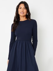 Threadbare Blue Ribbed Jersey 2-in-1 Midi Dress with Poplin Skirt - Image 4 of 4