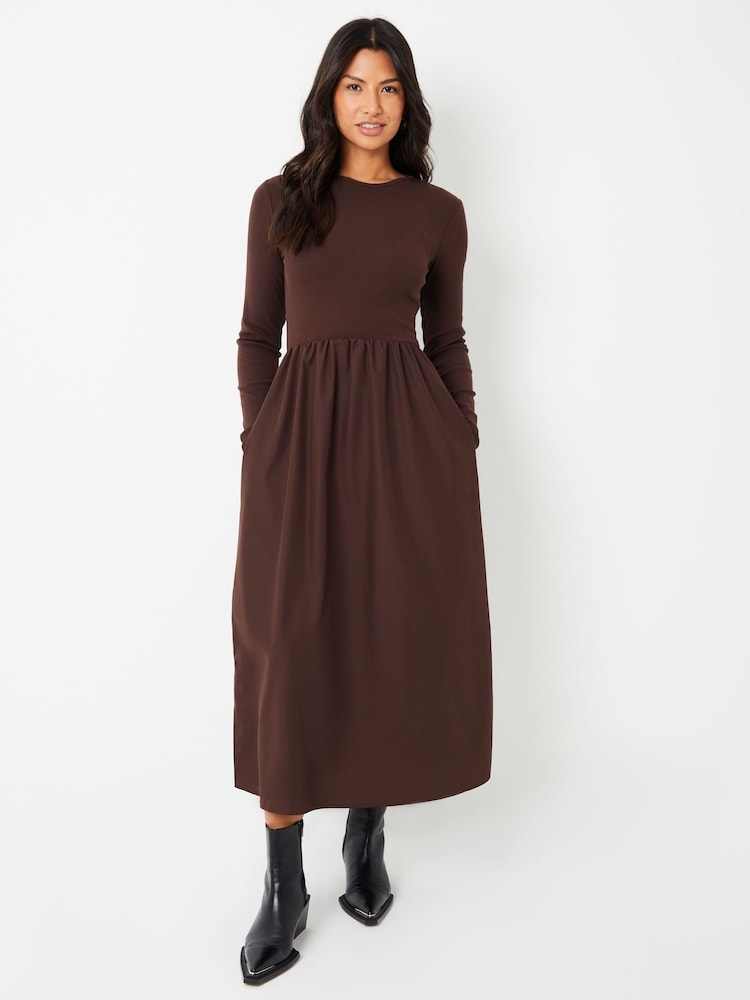 Threadbare Chocolate Brown Ribbed Jersey 2-in-1 Midi Dress with Poplin Skirt - Image 1 of 4