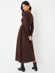 Threadbare Chocolate Brown Ribbed Jersey 2-in-1 Midi Dress with Poplin Skirt - Image 2 of 4