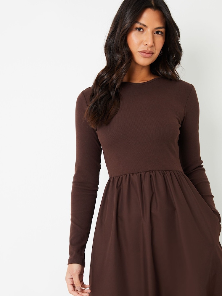 Threadbare Chocolate Brown Ribbed Jersey 2-in-1 Midi Dress with Poplin Skirt - Image 3 of 4