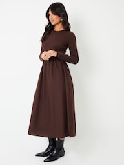 Threadbare Chocolate Brown Ribbed Jersey 2-in-1 Midi Dress with Poplin Skirt - Image 4 of 4