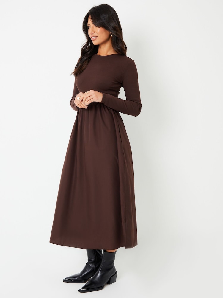 Threadbare Chocolate Brown Ribbed Jersey 2-in-1 Midi Dress with Poplin Skirt - Image 4 of 4