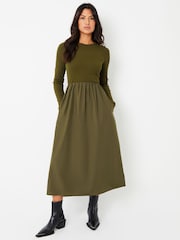 Threadbare Green Ribbed Jersey 2-in-1 Midi Dress with Poplin Skirt - Image 1 of 5