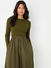Threadbare Green Ribbed Jersey 2-in-1 Midi Dress with Poplin Skirt - Image 2 of 5