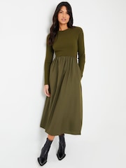 Threadbare Green Ribbed Jersey 2-in-1 Midi Dress with Poplin Skirt - Image 3 of 5