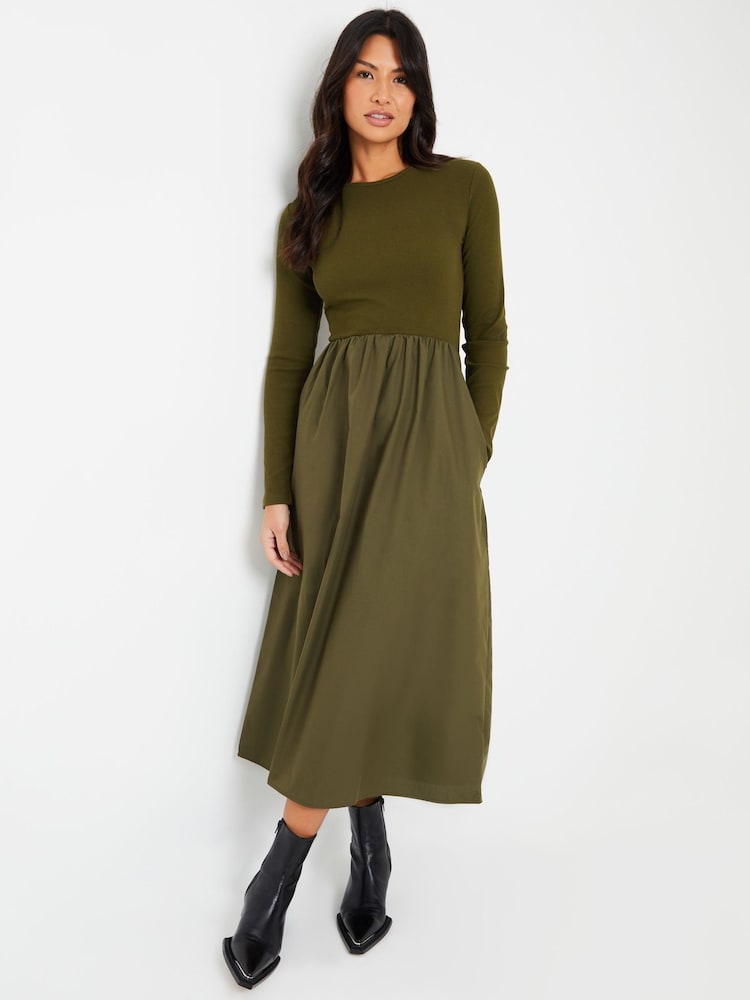 Threadbare Green Ribbed Jersey 2-in-1 Midi Dress with Poplin Skirt - Image 3 of 5