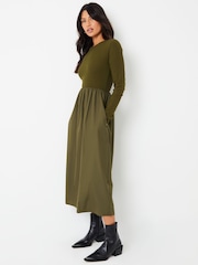 Threadbare Green Ribbed Jersey 2-in-1 Midi Dress with Poplin Skirt - Image 4 of 5