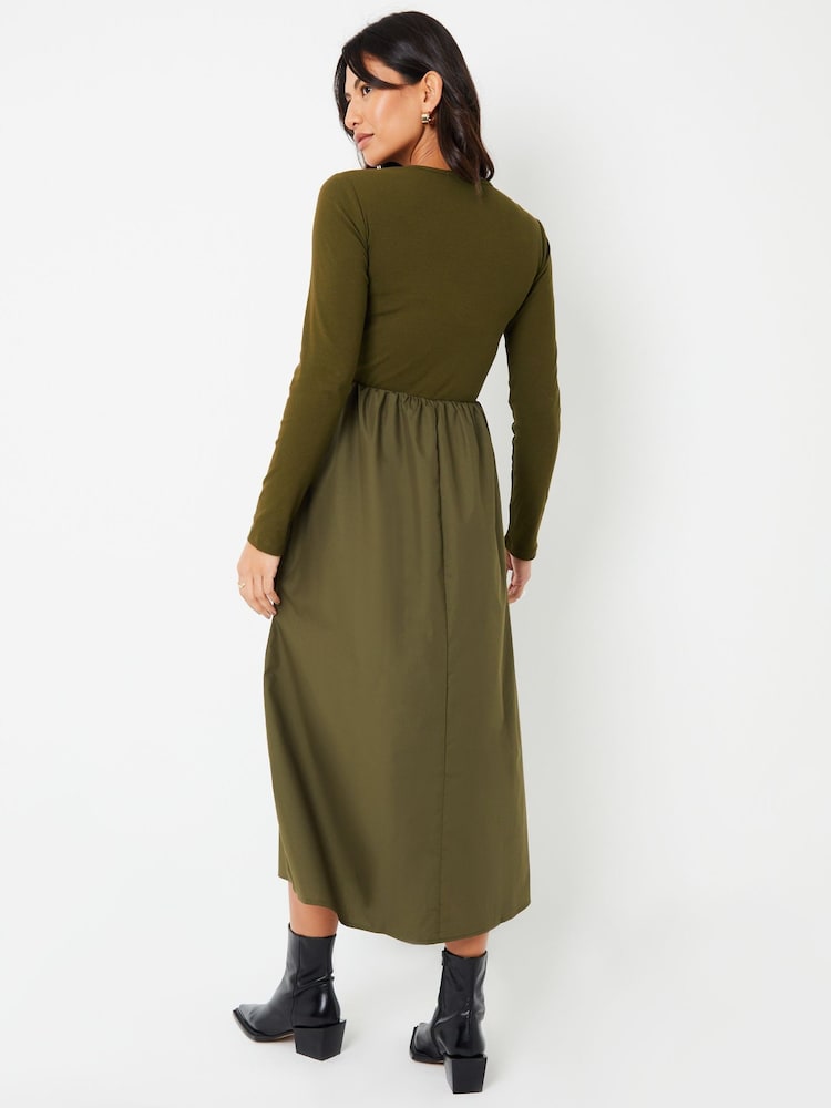 Threadbare Green Ribbed Jersey 2-in-1 Midi Dress with Poplin Skirt - Image 5 of 5