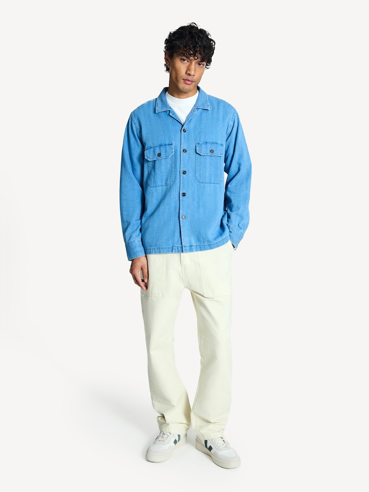Universal Works Blue Utility Regular Fit Washed Indigo Herringbone Rec Shirt - Image 2 of 6