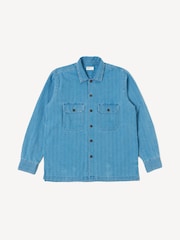 Universal Works Blue Utility Regular Fit Washed Indigo Herringbone Rec Shirt - Image 5 of 6
