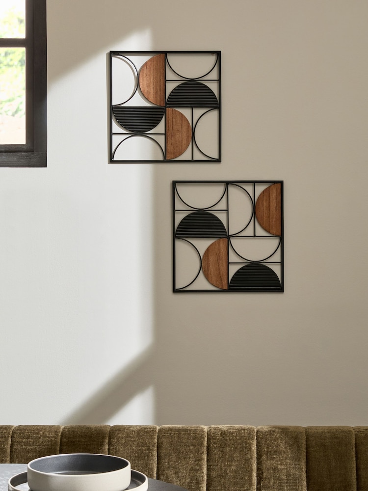 Set of 2 Black Bronx Metal and Wood Abstract Wall Plaques - Image 1 of 4