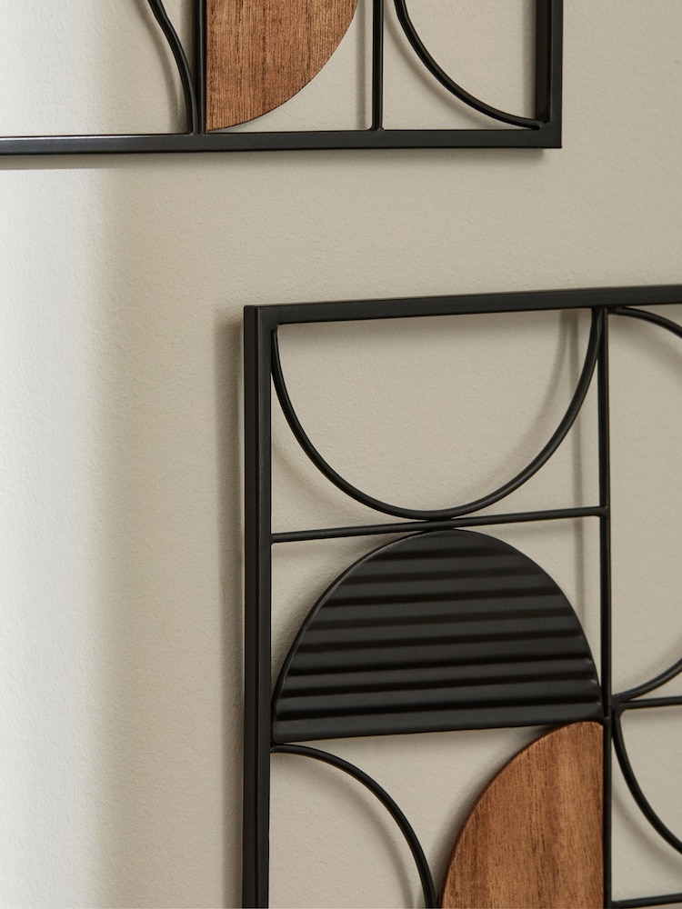 Set of 2 Black Bronx Metal and Wood Abstract Wall Plaques - Image 2 of 4