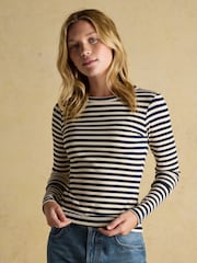 Joules Sophie Navy/Sand Long Sleeve Ribbed Fitted Top - Image 1 of 10