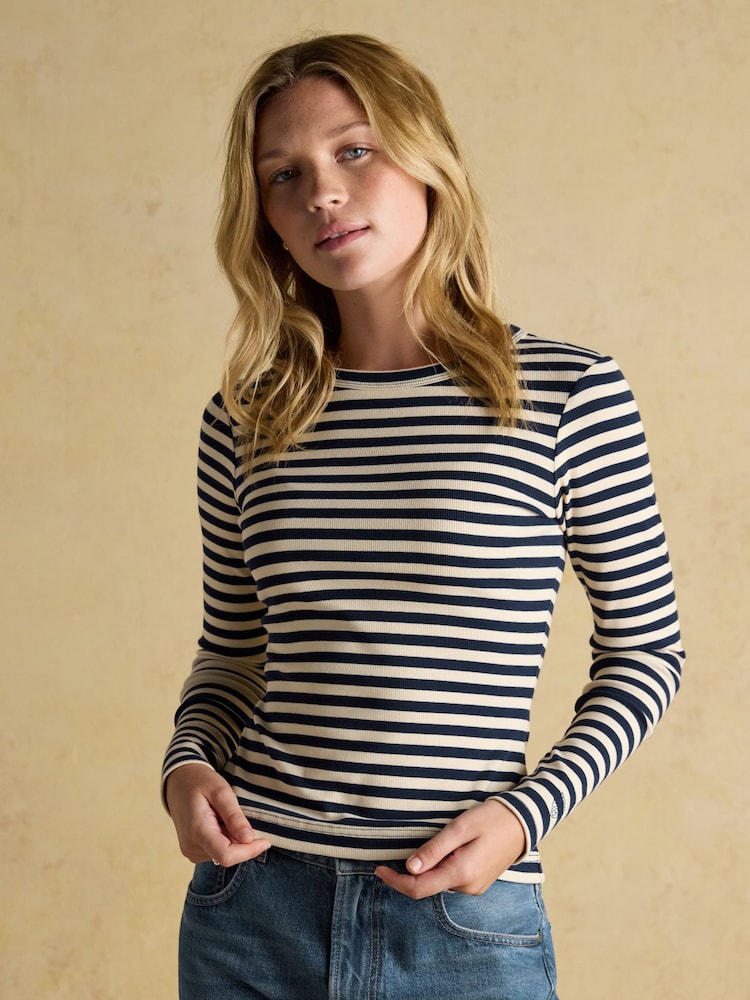 Joules Sophie Navy/Sand Long Sleeve Ribbed Fitted Top - Image 1 of 10