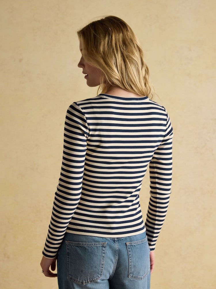 Joules Sophie Navy/Sand Long Sleeve Ribbed Fitted Top - Image 2 of 10