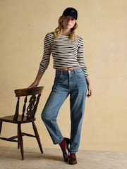 Joules Sophie Navy/Sand Long Sleeve Ribbed Fitted Top - Image 3 of 10