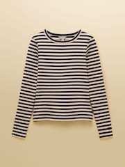 Joules Sophie Navy/Sand Long Sleeve Ribbed Fitted Top - Image 8 of 10