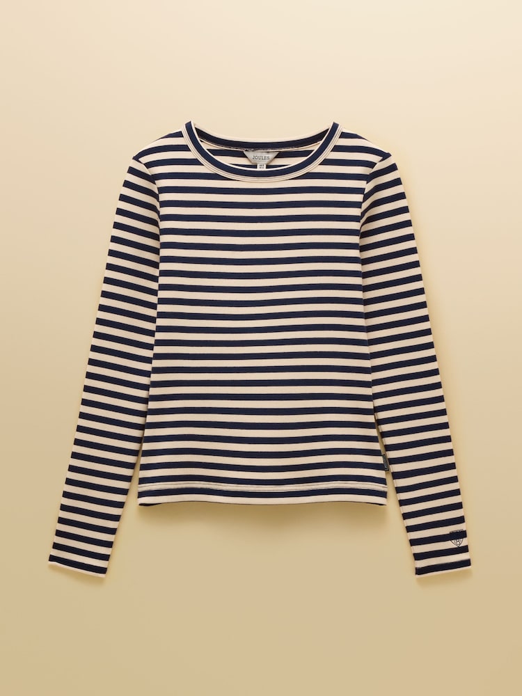 Joules Sophie Navy/Sand Long Sleeve Striped Ribbed Fitted Top - Image 8 of 8