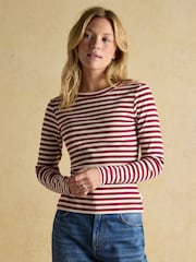 Joules Sophie Burgundy Red/Cream Long Sleeve Ribbed Fitted Top - Image 1 of 9