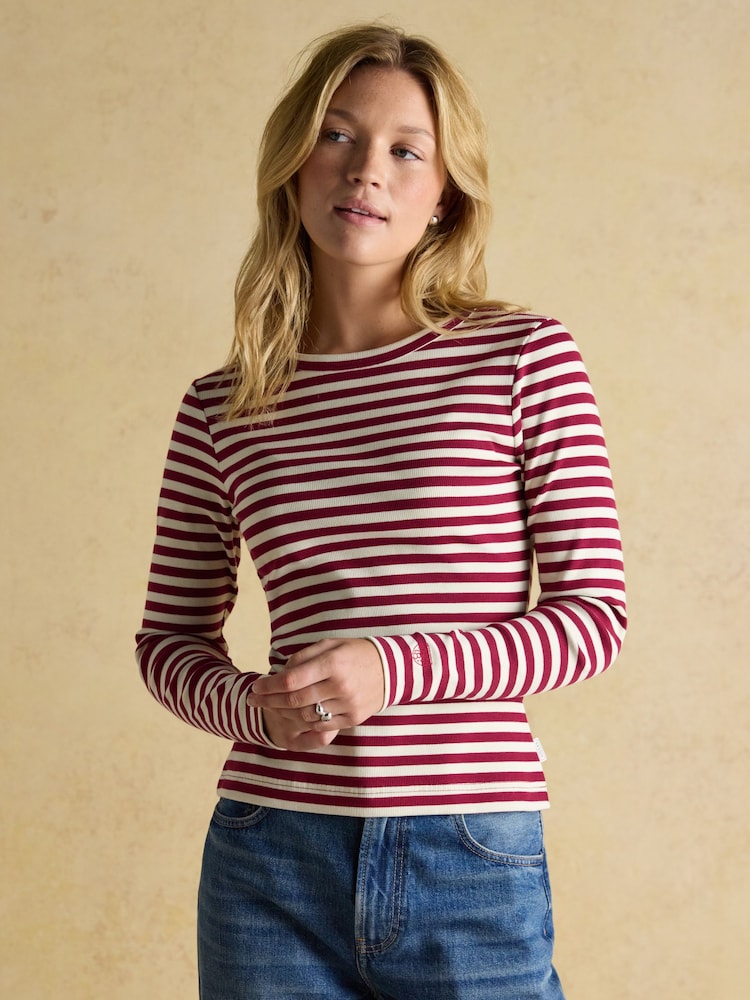 Joules Sophie Burgundy Red/Cream Long Sleeve Ribbed Fitted Top - Image 1 of 9 Joules Sophie Burgundy Red/Cream Long Sleeve Ribbed Fitted Top - Image 1 of 9