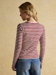 Joules Sophie Burgundy Red/Cream Long Sleeve Ribbed Fitted Top - Image 2 of 9