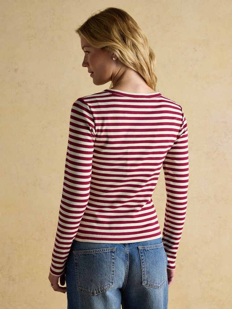 Joules Sophie Burgundy Red/Cream Long Sleeve Ribbed Fitted Top - Image 2 of 9 Joules Sophie Burgundy Red/Cream Long Sleeve Ribbed Fitted Top - Image 2 of 9