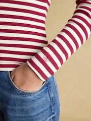 Joules Sophie Burgundy Red/Cream Long Sleeve Ribbed Fitted Top - Image 5 of 9