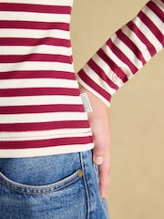 Joules Sophie Burgundy Red/Cream Long Sleeve Ribbed Fitted Top - Image 7 of 9