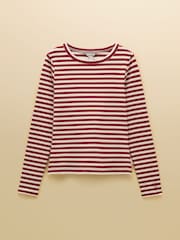 Joules Sophie Burgundy Red/Cream Long Sleeve Ribbed Fitted Top - Image 9 of 9