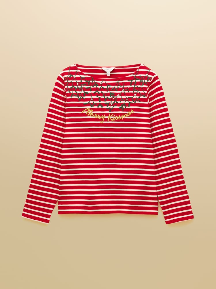 Joules Festive Harbour Merry Kissmas Red/Cream Boat Neck Breton Top - Image 6 of 6