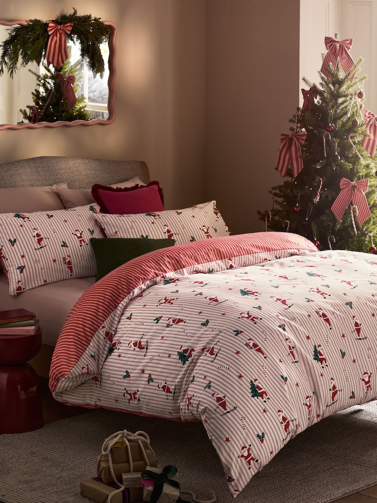 Red/White Santa Stripe Christmas Reversible Duvet Cover and Pillowcase Set - Image 1 of 4