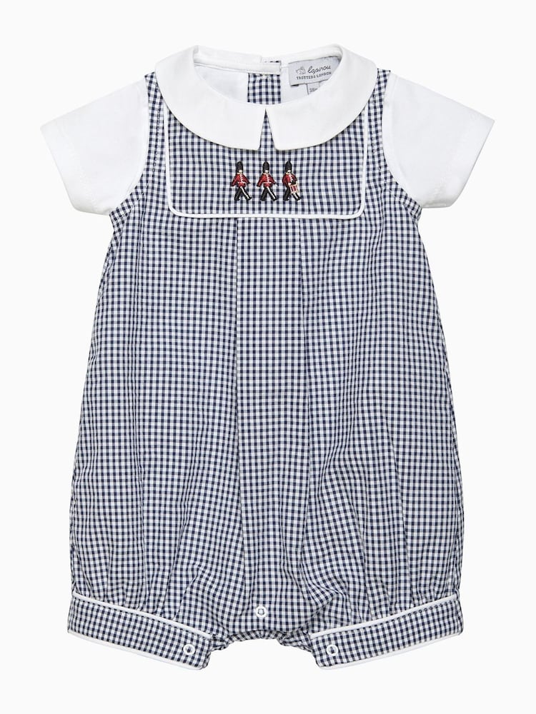 Trotters London Newborn Blue Gingham Jasper Guardsman Rompersuit - Image 1 of 3 Trotters London Newborn Blue Gingham Jasper Guardsman Rompersuit - Image 1 of 3