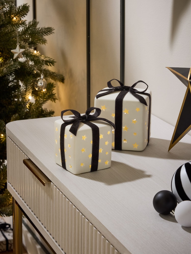 Set of 2 White Light Up Ceramic Presents Ornament - Image 1 of 4