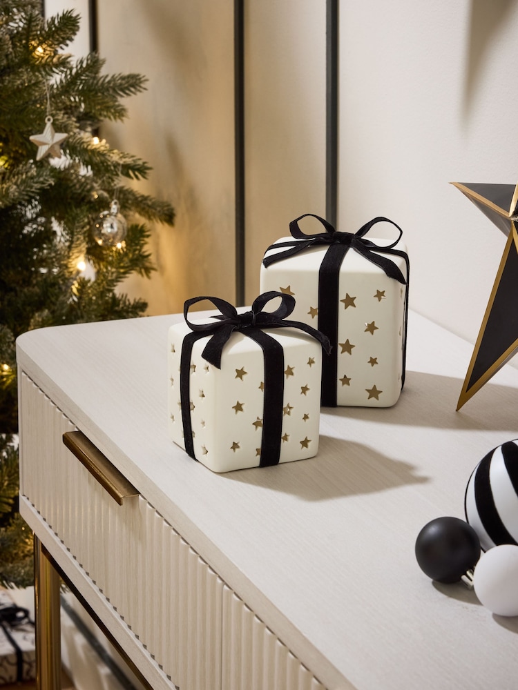 Set of 2 White Light Up Ceramic Presents Ornament - Image 2 of 4