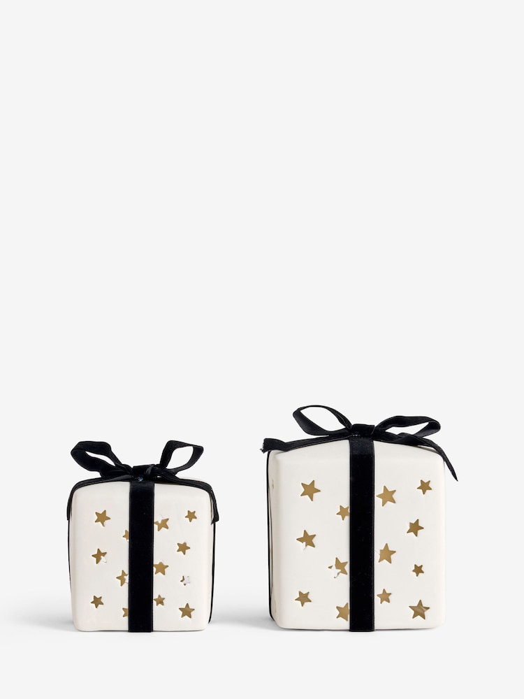 Set of 2 White Light Up Ceramic Presents Ornament - Image 4 of 4