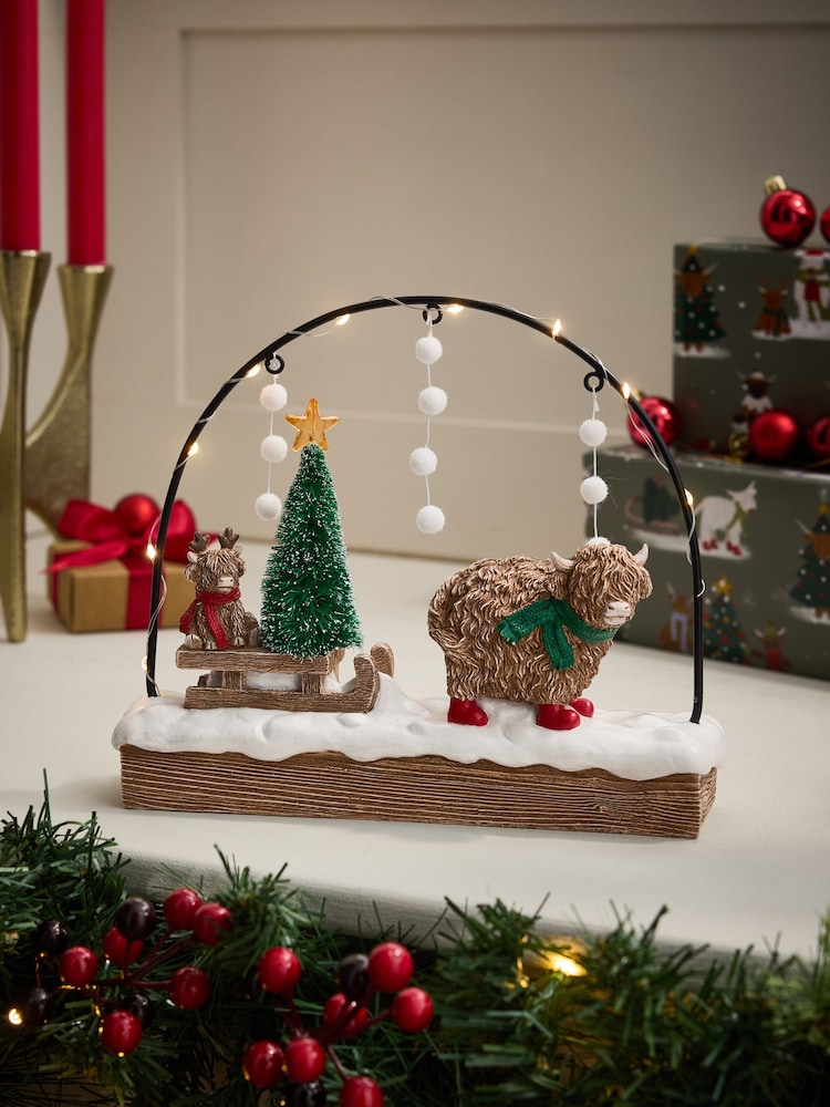 White/Green Light Up Hamish The Highland Cow Christmas Scene - Image 1 of 5